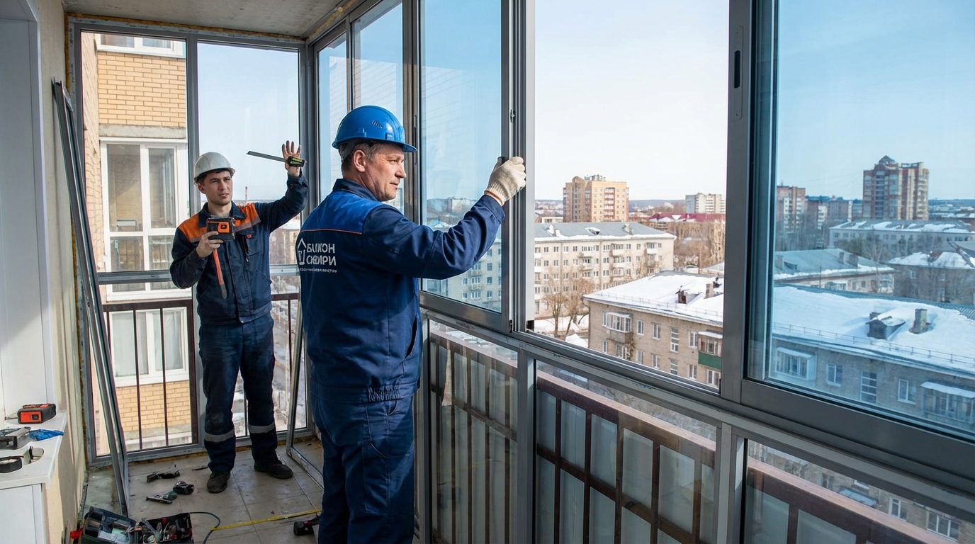 Специалисты компании по остеклению балконов в Томске на объекте